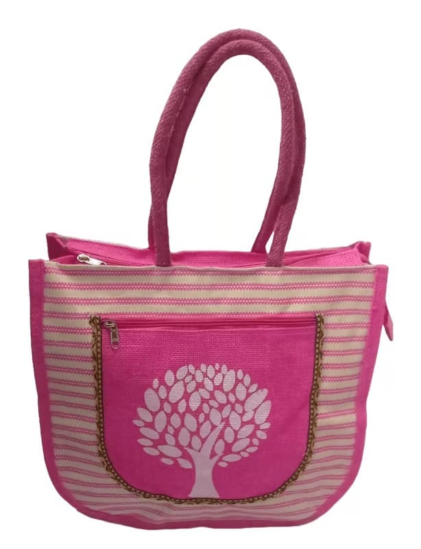 Pink Jute Tote Bag with Tree Design - Eco-Friendly & stylish