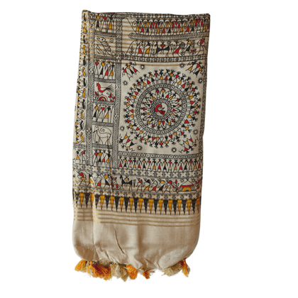 Katan Silk Saree – Madhubani & Warli Art Printed | Lightweight Pure Silk Drapey Elegance