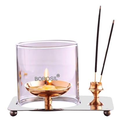 Borosil Aarti Diya Decorative Brass Glass Oil Lamp | Tea Light Holder | Diya with Borosilicate Glass | Puja Dia for Mandir | Lantern Diya with Glass Cover
