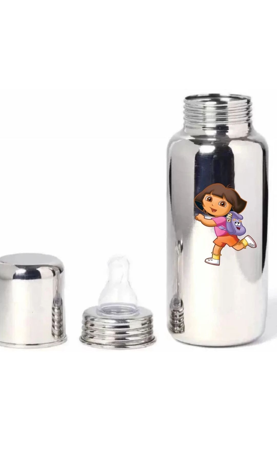 304 Stainless Steel Baby Feeding Bottle – Dora Print – 250 ml – Anti-Colic Silicone Nipple