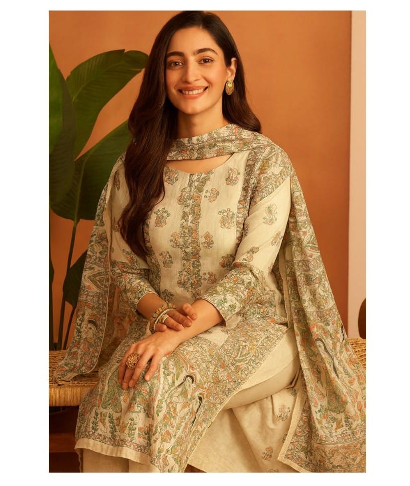 Katan Silk Suit  Madhubani Print | Orange
