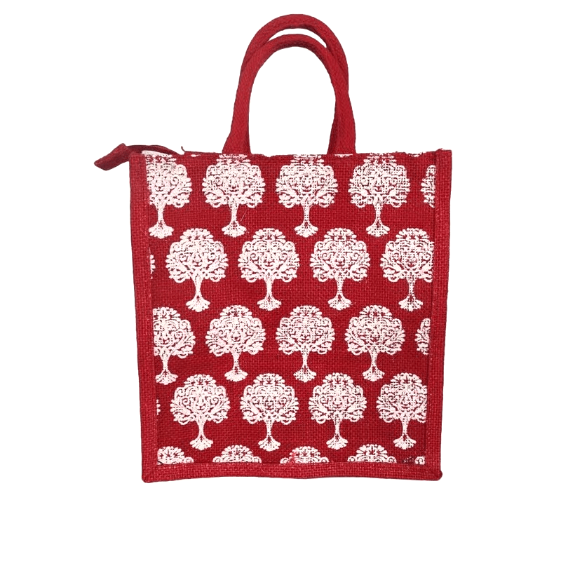 Red Jute Bag with White Tree Pattern - Eco-Friendly & Stylish Tote