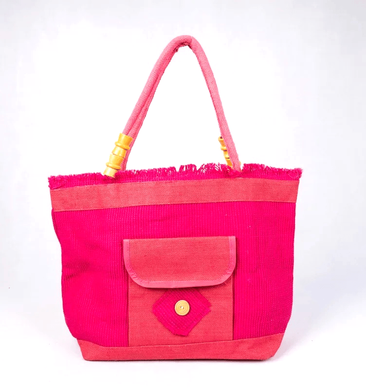 Pink Woven Tote Bag with Front Pocket & Rope Handles