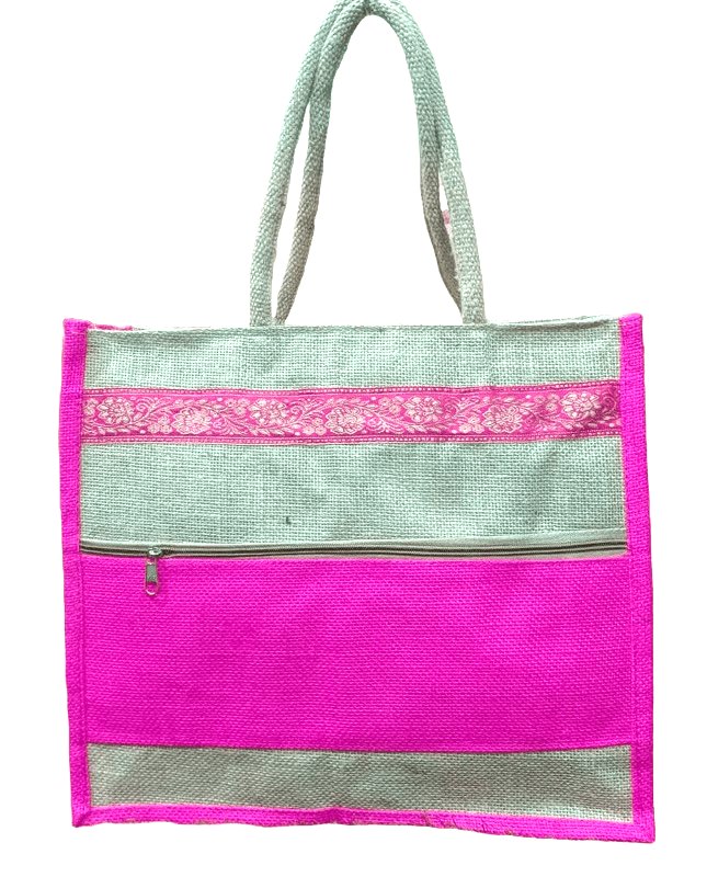 Pink Jute Tote Bag with Floral Design and Zipper Closure