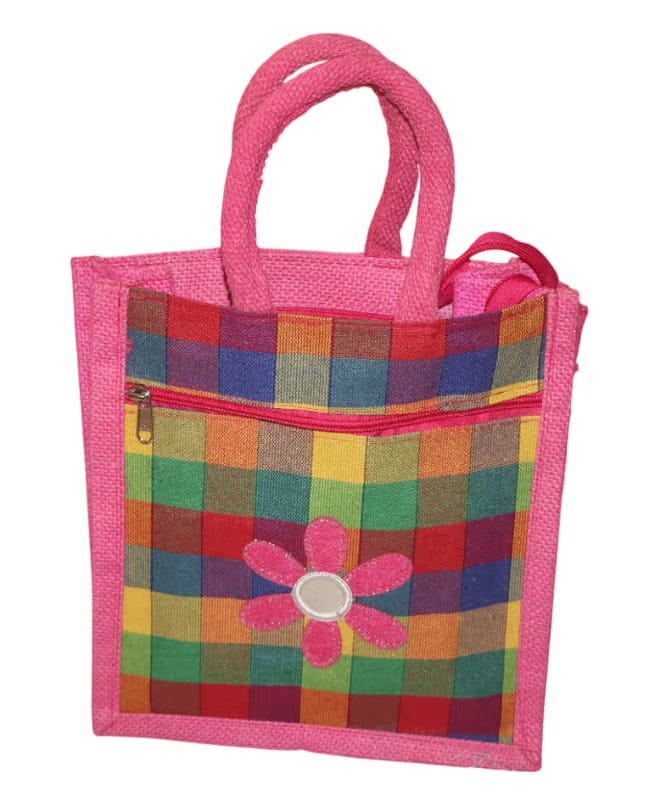 Pink Jute Handbag with Checkered Pocket & Flower Applique