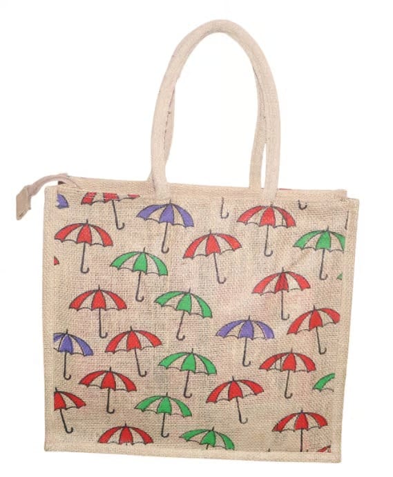 Umbrella Printed Jute Tote Bag
