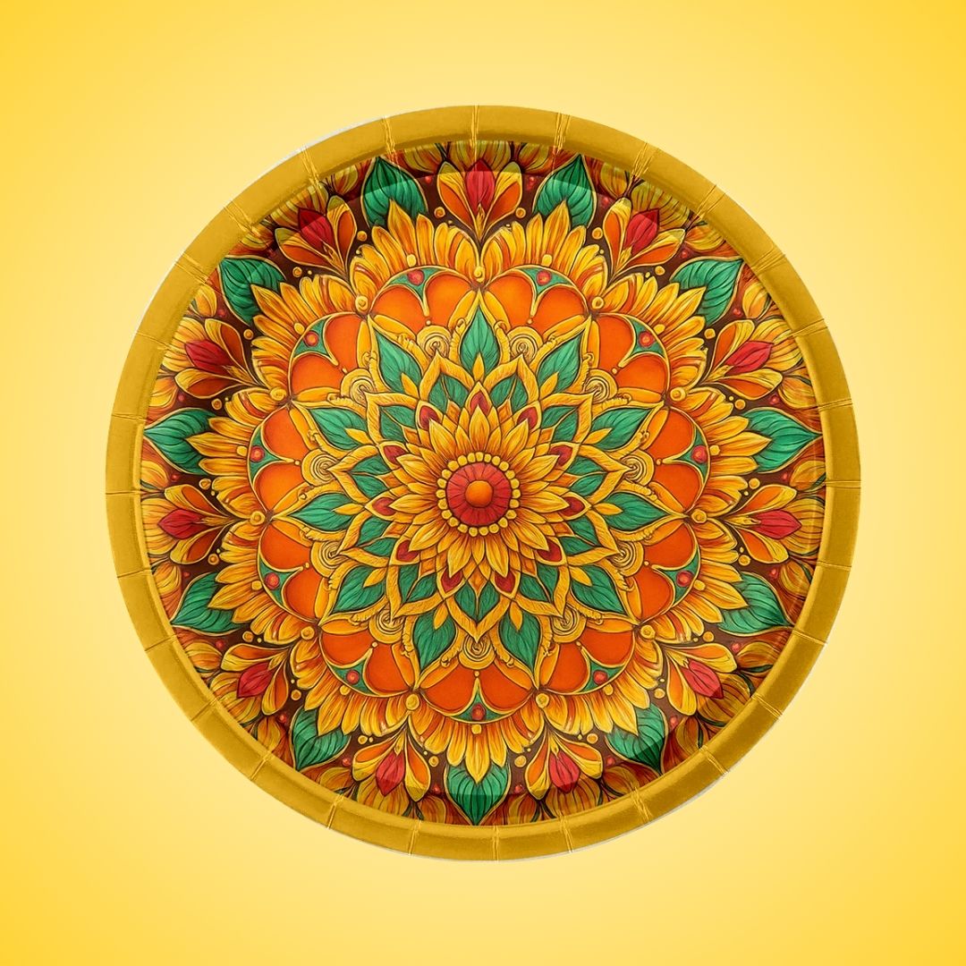 Wanna Party Pack of 8 Traditional Theme Party Paper Plates for Diwali, Holi, Janmashthami, Ganesh Chaturthi , Annaprashan or any Festivals- 10 inch Plates Colorful Tableware Set for Festive Occasions