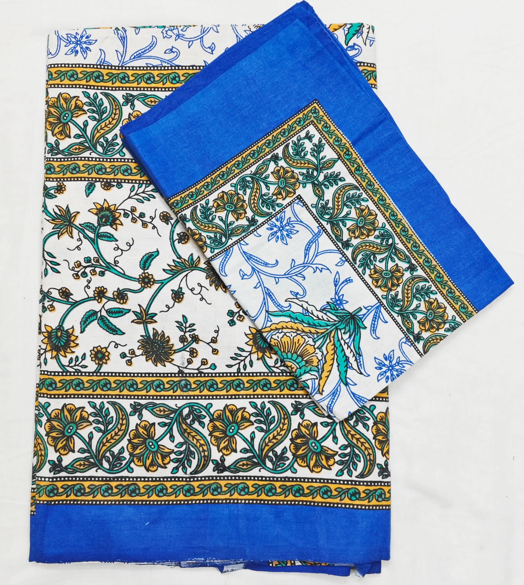 Queen Size Floral Printed Bedsheet Set - Blue and Yellow