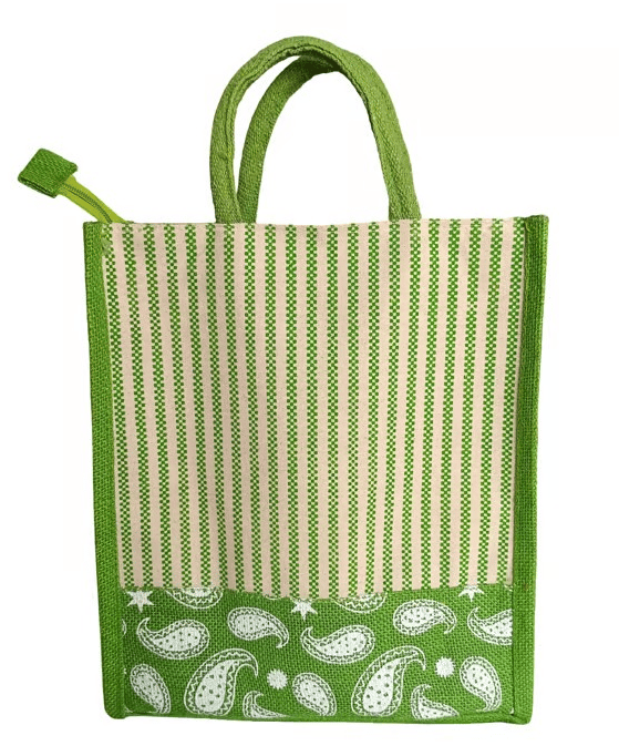 Eco-Friendly Jute Tote Bag with Paisley and Green Stripe Design