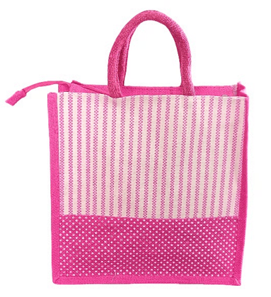 Pink Jute Tote Bag with Striped and Dotted Design