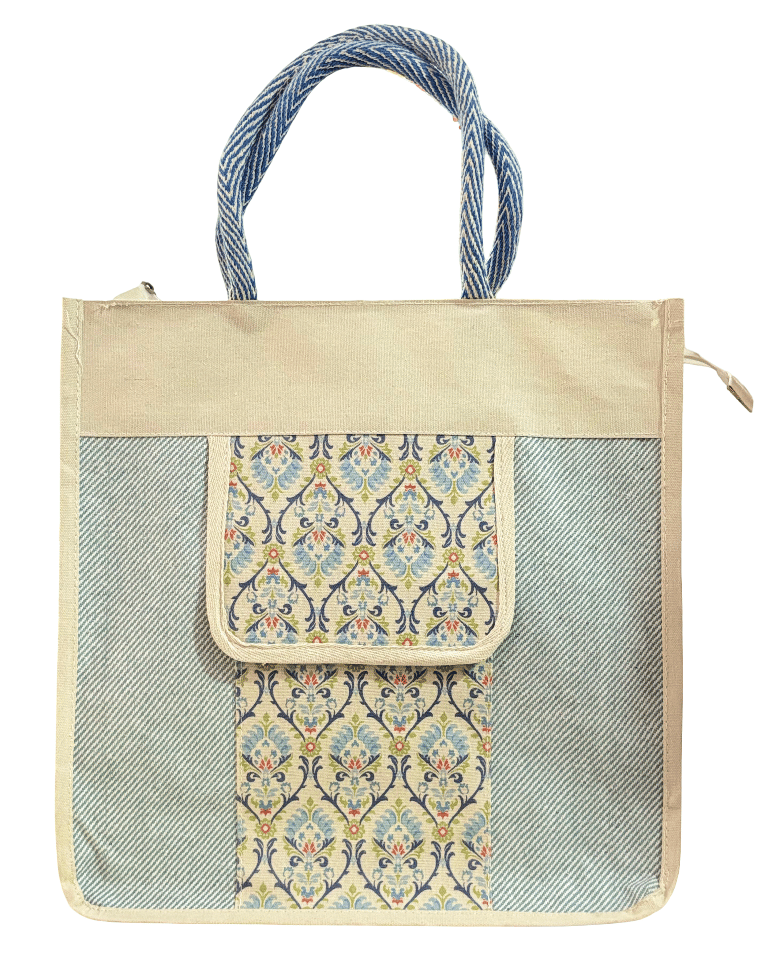 Designer Tote Bag with Floral Pocket and Rope Handles