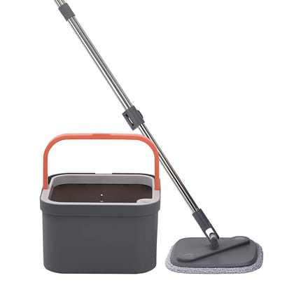 360° Spin Mop with Square Bucket Deluxe System Set and Reusable Microfiber Pads for Wet & Dry Glass, Wall, Tile and Home Floor Cleaning - Grey and Orange