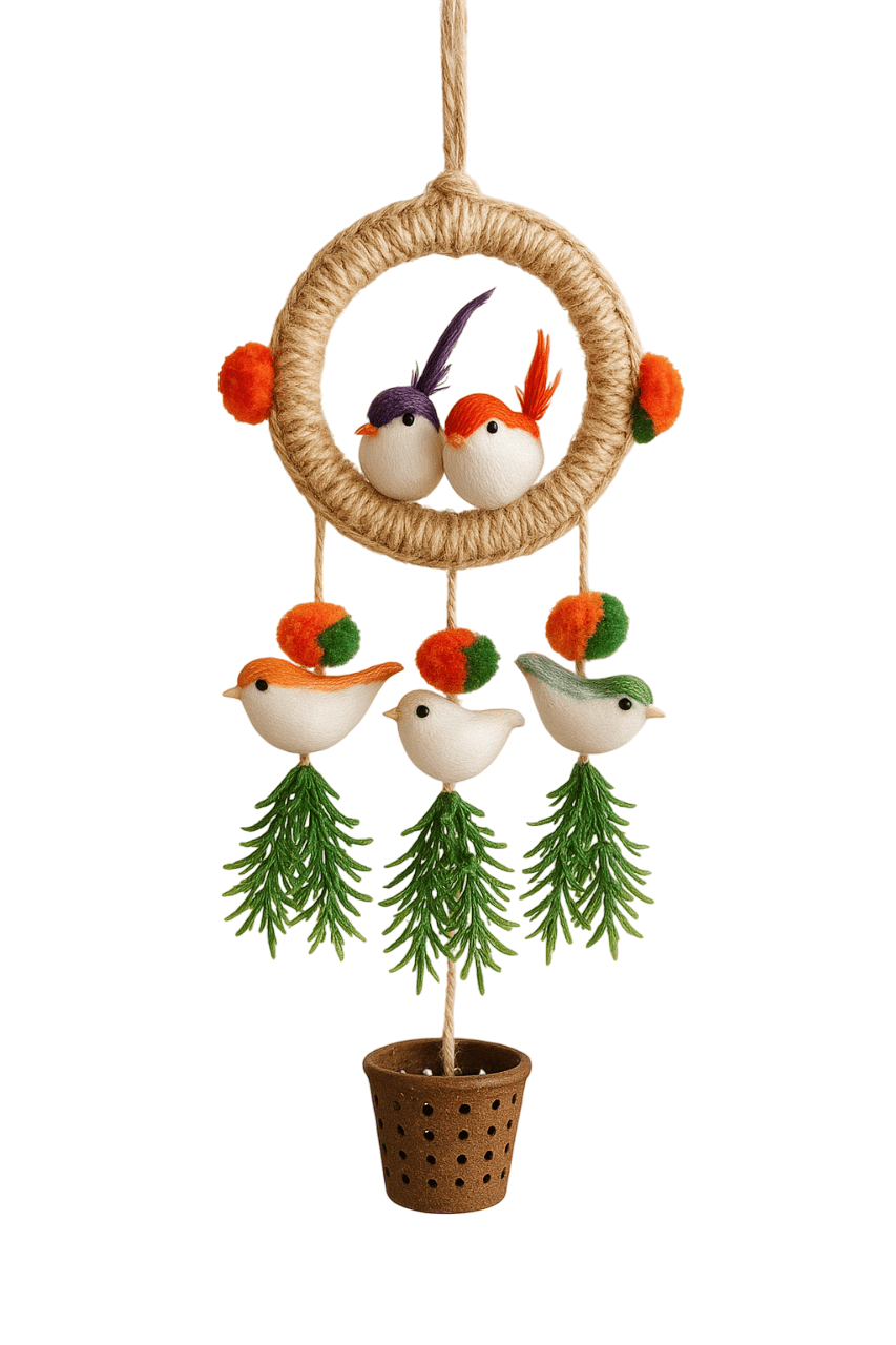 hanging bird ornament featuring a jute-wrapped circular frame