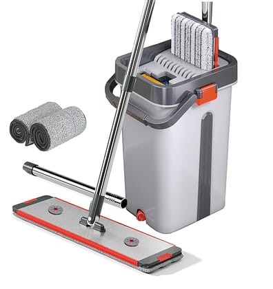 Mop Bucket Heavy Quality Floor Mopp with Bucket, Aluminium pad,Flexible Kitchen tap Flat Squeeze Cleaning Supplies 360 Flexible Mopp Head/2 Reusable Pads Clean Home Floor Easy to Use SJR-2