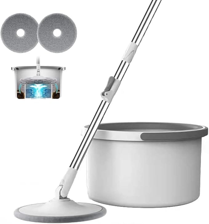 Heavy Quality Spin Mop for Floor Cleaning with Bucket Deluxe System 360° Flexible Mop Head with 𝐒𝐞𝐥𝐟 𝐒𝐞𝐩𝐚𝐫𝐚𝐭𝐢𝐨𝐧 Dirty and Clean Water System 2Pcs Reusable Microfiber Pad【Grey】