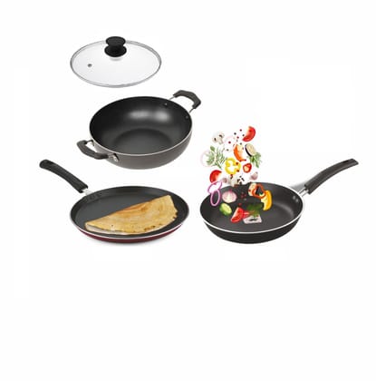 Non Stick Cookware Combo Gift Pack Set Kadai Glass Lid 240 mm Fry Pan 240 mm & Flat Tawa 250 mm ( 3 mm, Premium Quality)