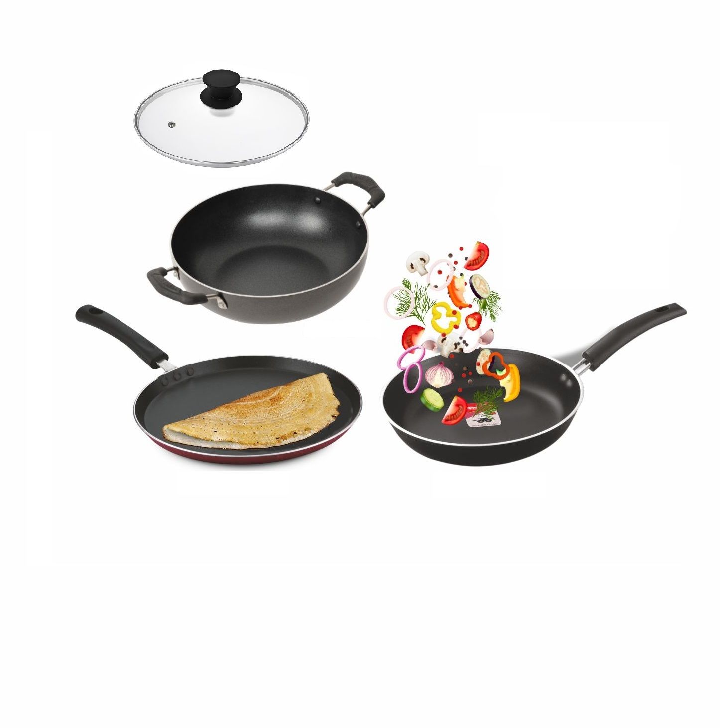Non Stick Cookware Combo Gift Pack Set Kadai Glass Lid 240 mm Fry Pan 240 mm & Flat Tawa 250 mm ( 3 mm, Premium Quality)