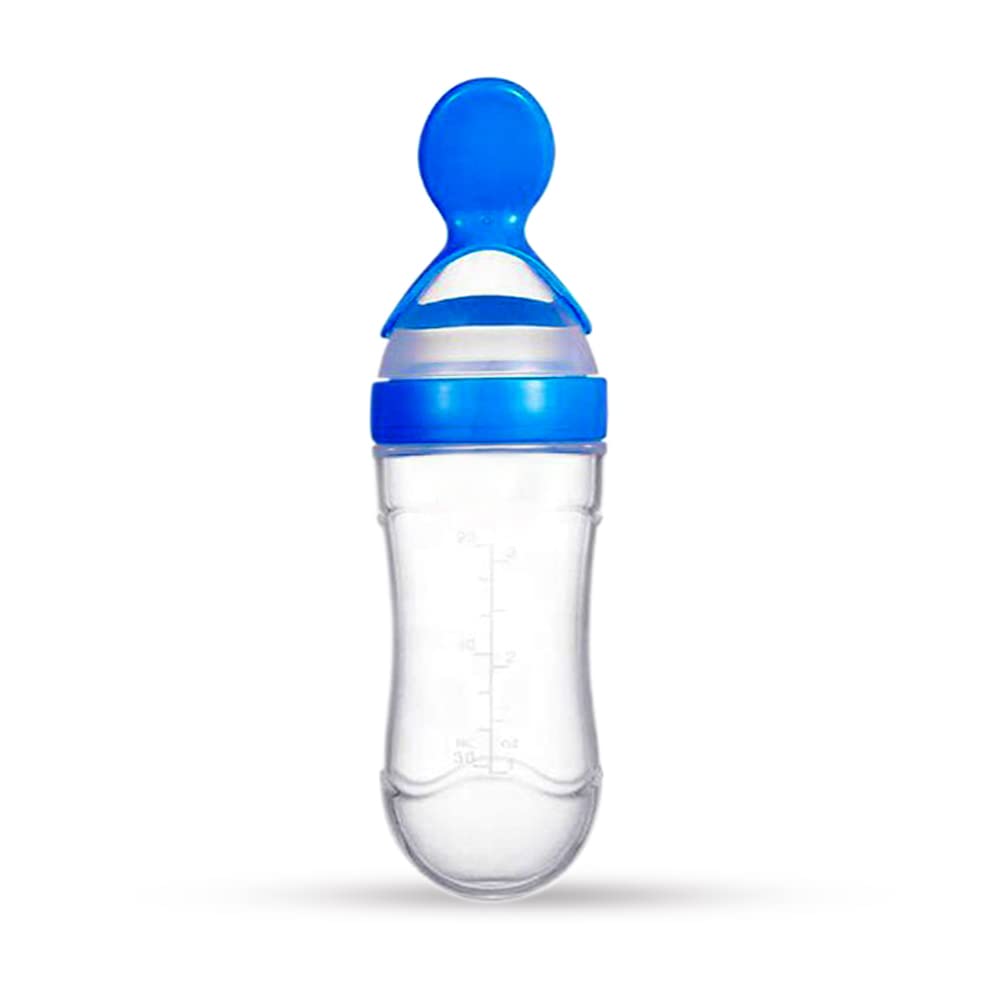 Baby Squeeze Feeding Bottle with Silicone Spoon | BPA-Free Food Feeder for Infants (Blue)