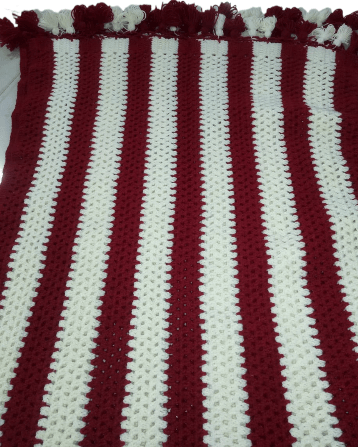 Handmade Striped Crochet Blanket - Burgundy & White