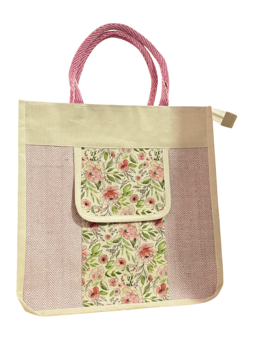 Floral Print Jute Tote Bag with Pink Handles