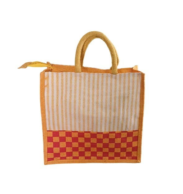 Stylish Jute Tote Bag with Unique Striped & Checkered Design