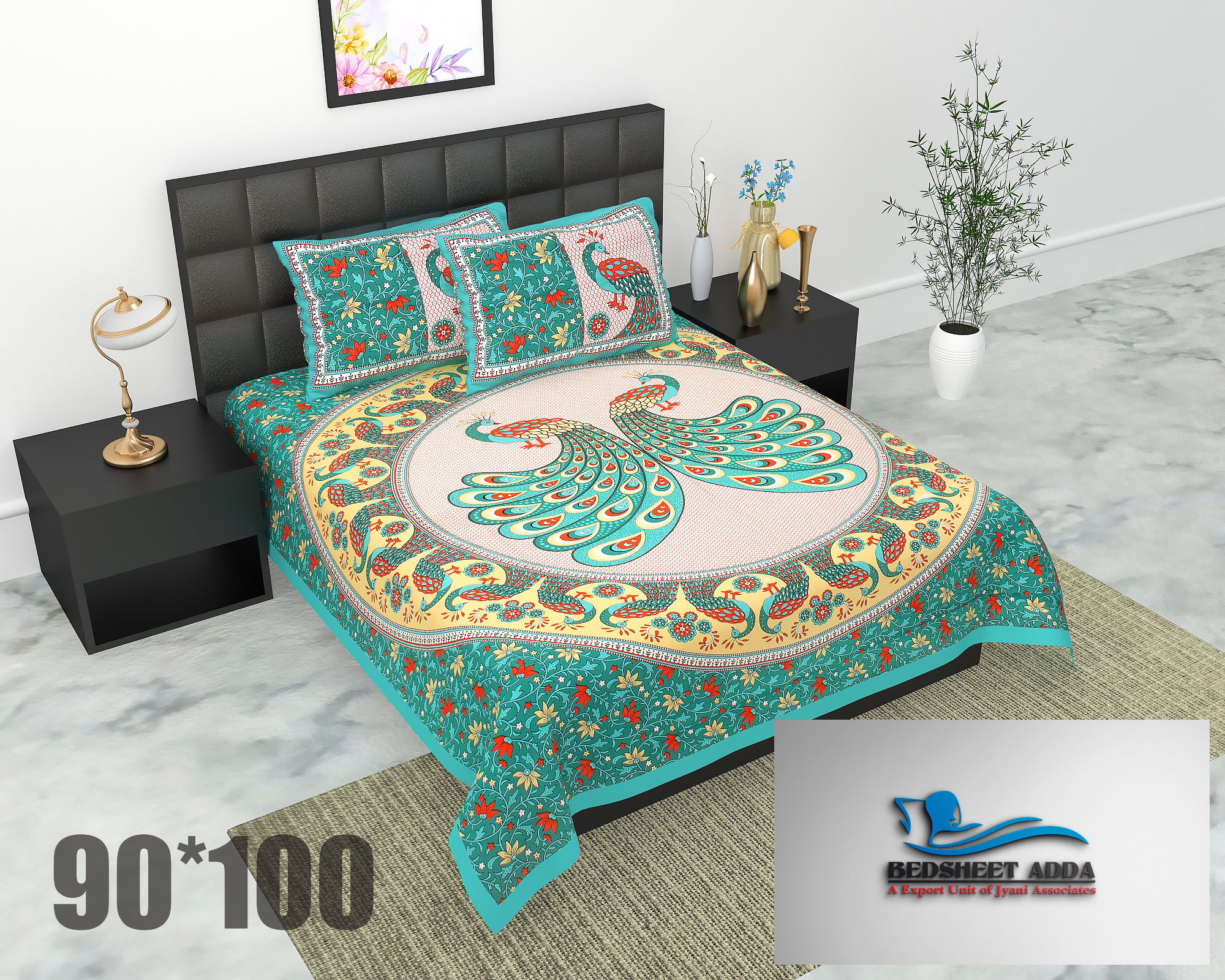 2001-Bedsheet Adda-Pure Cotton Jaipuri Printed Double Bedsheet With 2 Pillow Covers-TEDA MOOR
