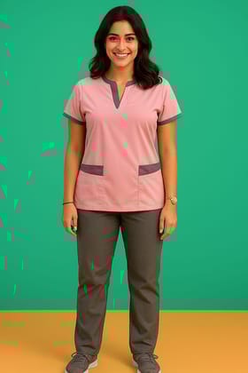 Premium Scrub Suits | Unisex | Style With Grey Accent | Polycotton, Stylish, Comfortable | Half Sleeves| Ideal For Health Care Professionals | Color (Pastel Pink) Sizes S-2XL