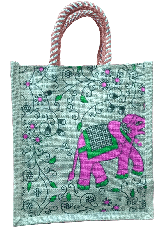 Elephant Print Jute Handbag - Eco-Friendly Tote Bag