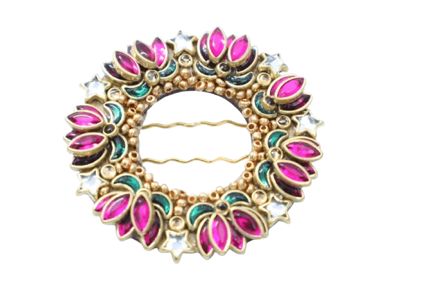 Pink & Green Round Floral Hair Clip – Designer Stone Embellished