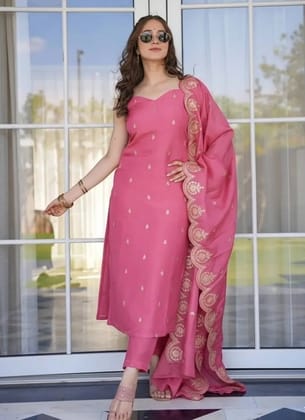 Women Viscose Zari Chanderi Embroidery Straight Kurta Pant And Dupatta Set