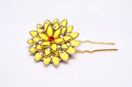 Floral Yellow Enamel Hair Pin with Stones – Elegant Hair Accessory