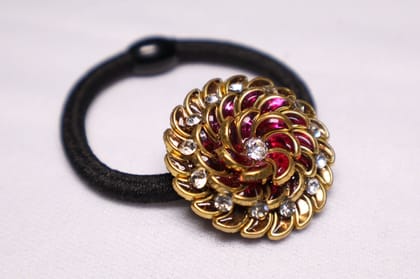 Golden Floral Hair Tie with Red & White Stones – Stylish Elastic Band