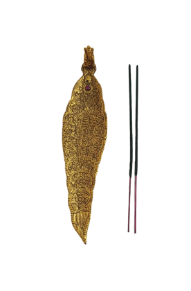 Exquisite Handcrafted Golden Brass Incense Holder with Intricate Carvings & Gem