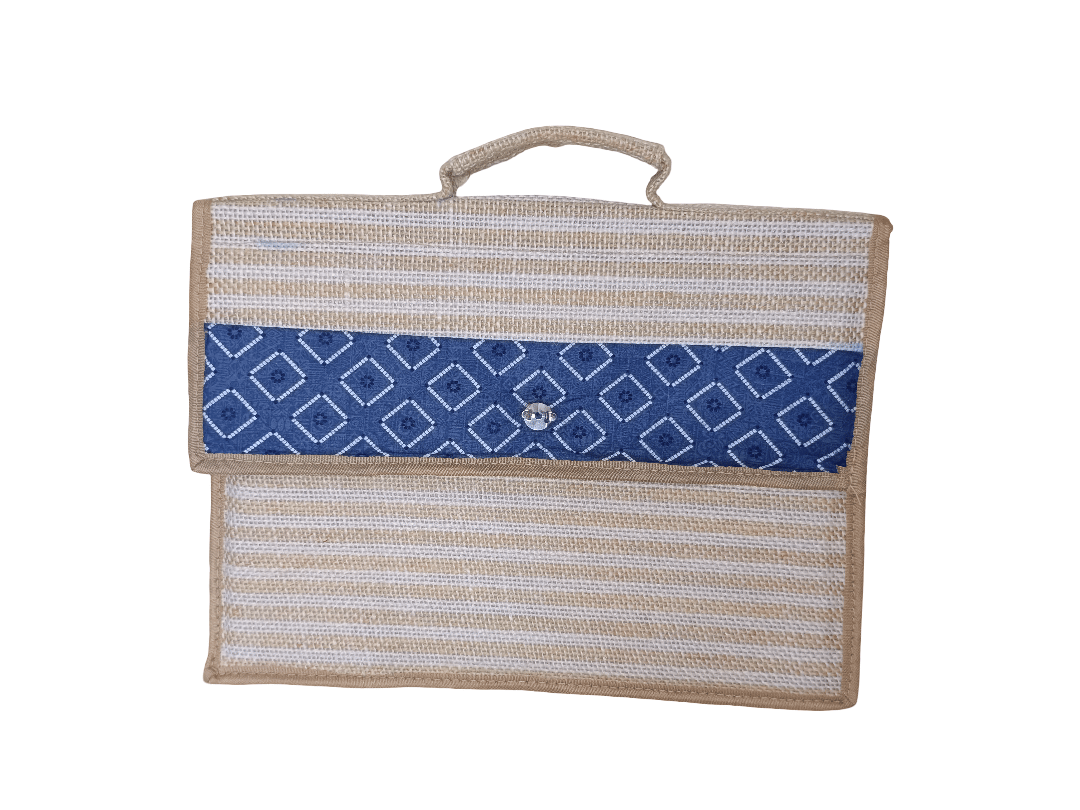 Eco-Friendly Jute Document Holder with Blue Geometric Pattern - Sustainable File Bag