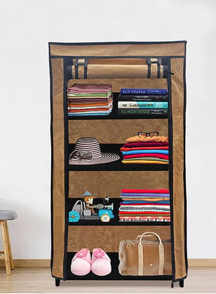 PHILOSHOP 4-Shelves Durable Metal Frame Modular Collapsible Wardrobe with 10-Inch Gapping in each Shelf & 100 GSM Fabric in Blue PHILOSHOP 4-Shelves Durable Metal Frame Modular Collapsible Wardrobe with 10-Inch Gapping in each Shelf & 100 GSM Fabric in Blue
