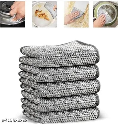 QINPIN Dual-Layer Mesh Dishcloth - Durable Non-Scratch Wire Kitchen Cleaning Cloth Wet and Dry Steel Cleaning Cloth (Pack of 5)