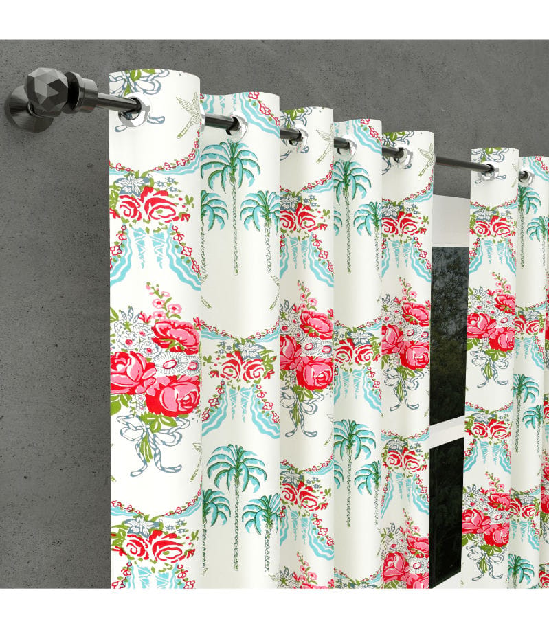 Mela Garden Rose Curtains  Block Printed Floral in 100% Cotton(9 Feet )
