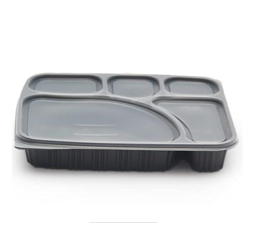 Divatos 5CP Meal Tray with LID Black | Microwave & Fridge Safe | Compartment Plates for Dinner Lunch | BPA Free Virgin Plastic | Restaurants & Cloud Kitchen Food Delivery (Set of 25)