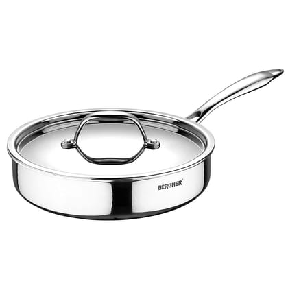 BERGNER Argent TriPly Stainless Steel 26 cm (3.1 L) Sautepan with Stainless Steel Lid, Stay Cool Cast Handle, Healthy Cooking, Less Oil Use, Food Safe, Durable - Induction and Gas Stove Ready