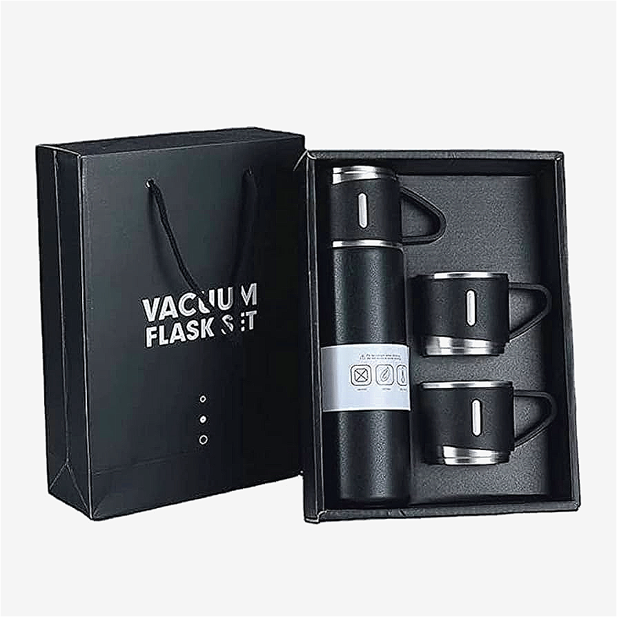 Gray Vacuum Bottle with 3 Cups Set - Travel Gift