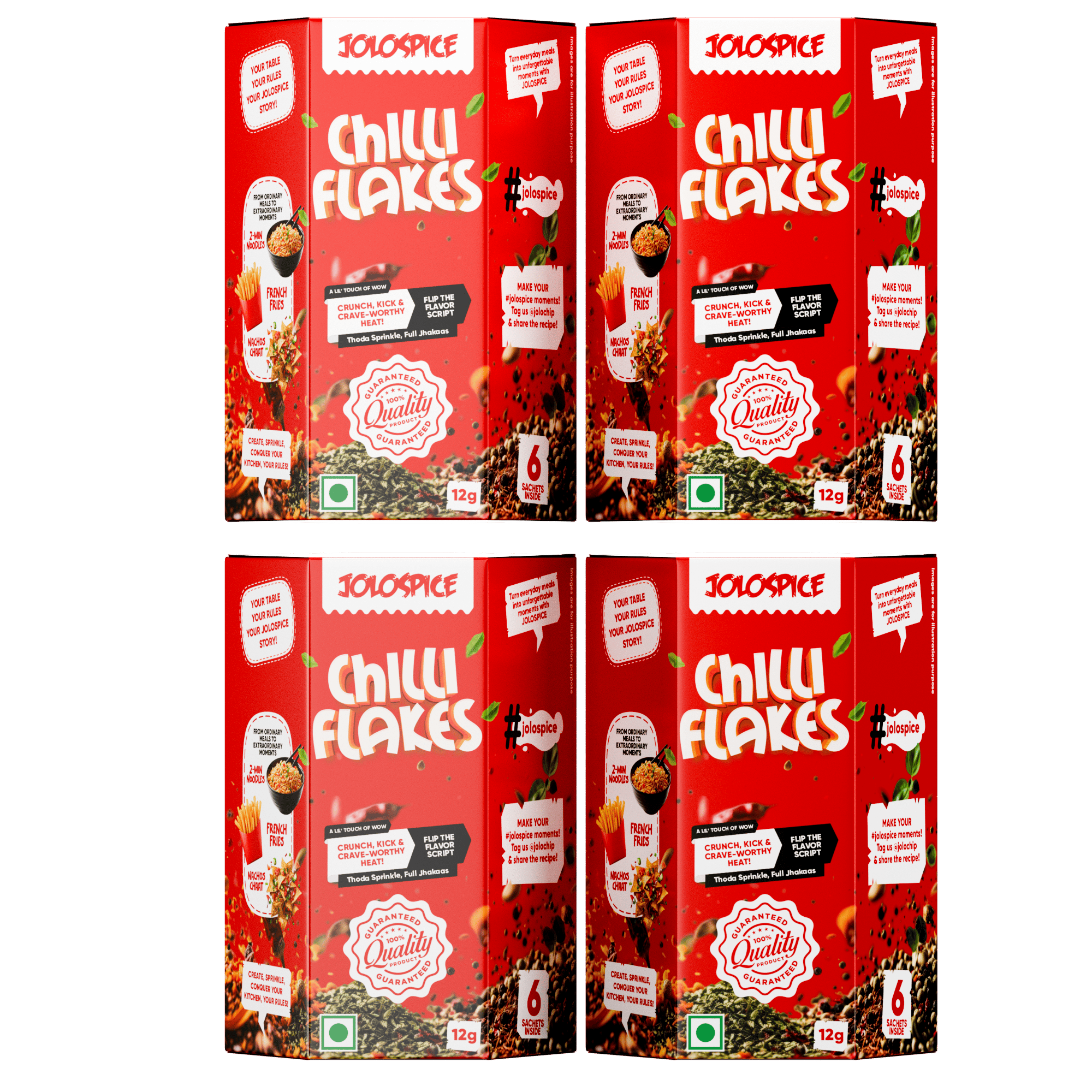 JOLOCHIP JoloSpice Chilli Flakes| Pack of 4 | 6 Sachets per Pack | 2g x 6=12g Each | Total 48g