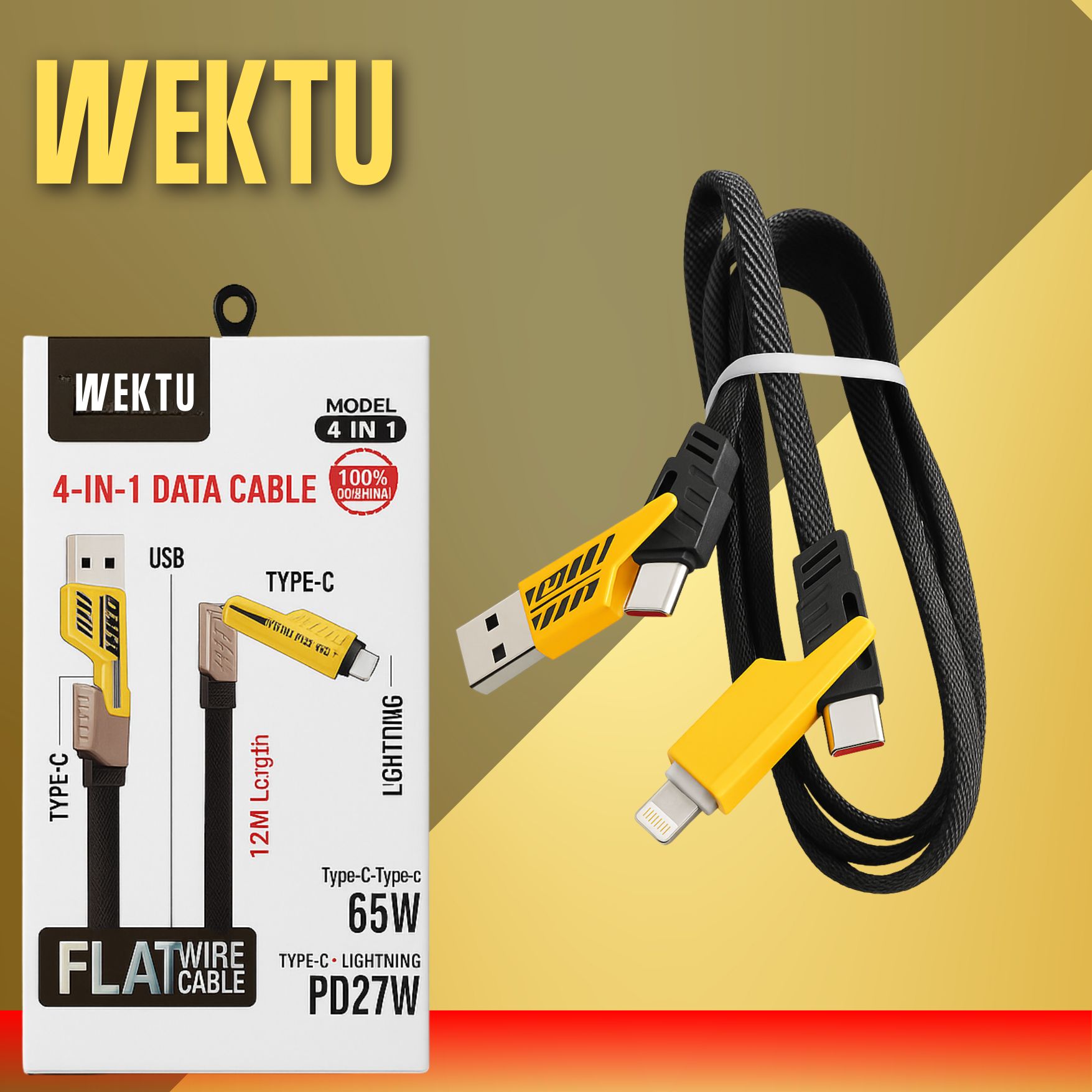 WEKTU 4-in-1 USB, Type-C, Lightning Multi Fast Charging Data Cable - 1.2M