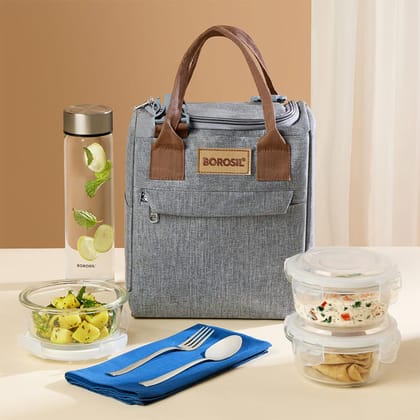 Borosil Pro Plus 7pc Borosilicate Glass Lunchbox | 3pc Set (400ml) + 1 (550ml) Glass Bottle + Fork & Spoon Set with Mat | Microwave & Dishwasher Safe | Transparent