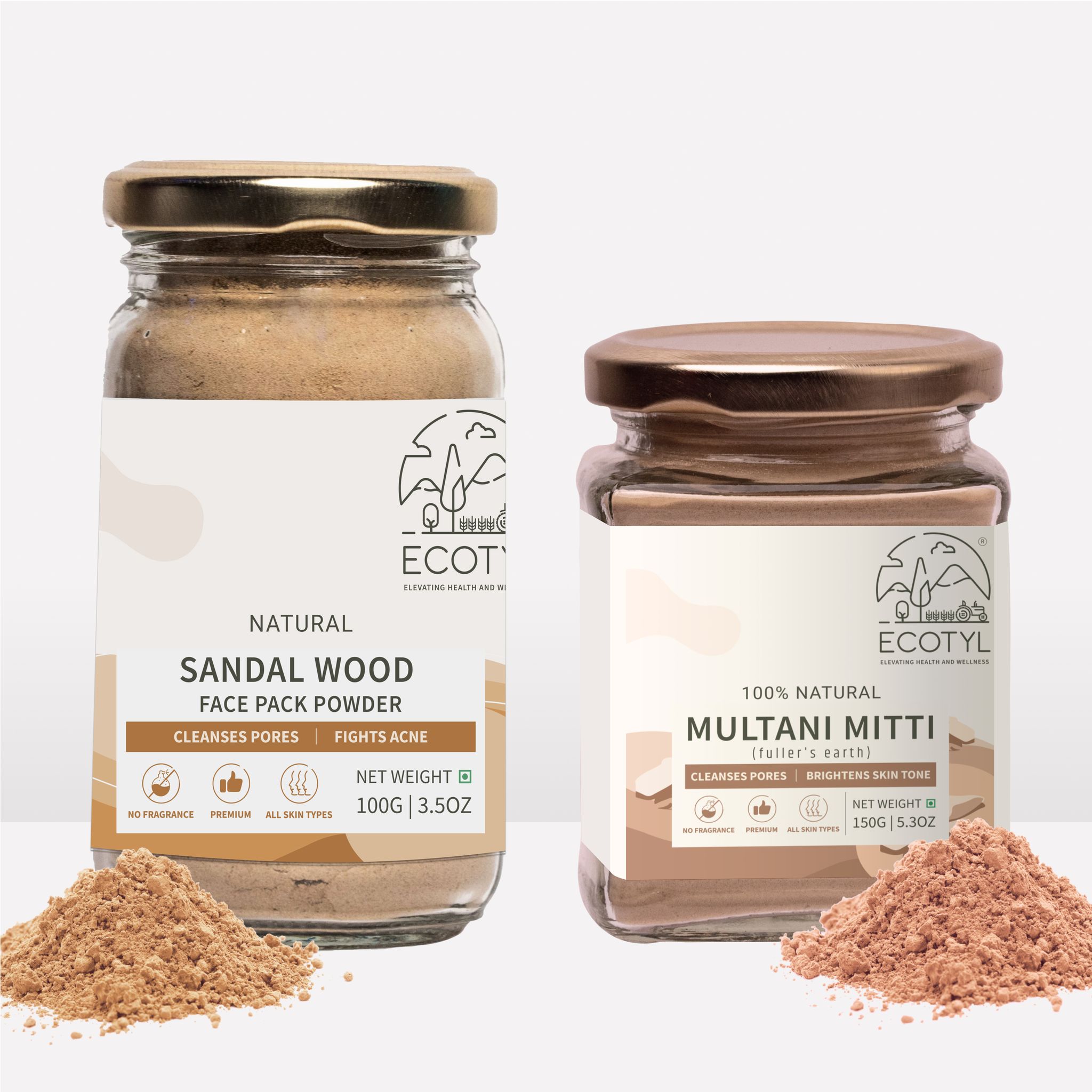 Ecotyl Face Pack Combo - Sandalwood Powder and Multani Mitti | Duo for Skin Brightening and Glow | 100g + 150g 