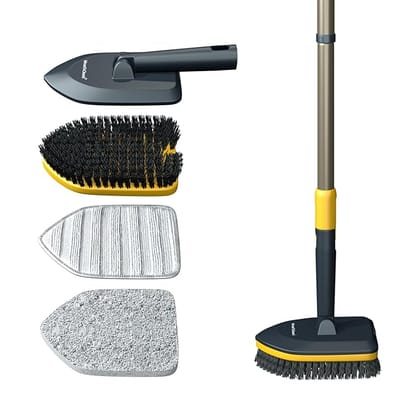 Bathroom Cleaning Brush with Long Handle, Hard Bristles, Microfiber Pad & Scrubber Combo for Tiles, Floor, Toilet, Window & Glass - 58.2 Inch Extendable Pole, Detachable Head, Yellow