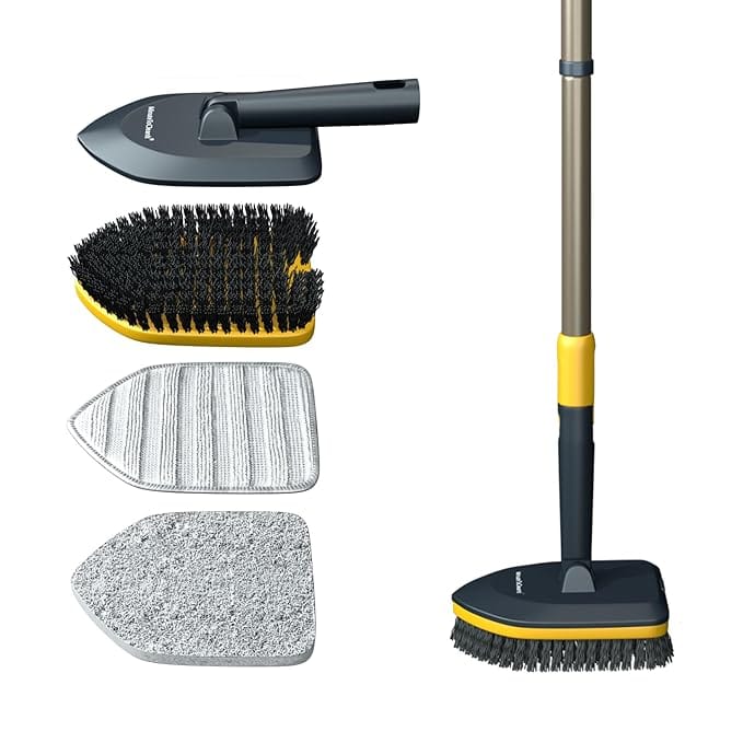 Bathroom Cleaning Brush with Long Handle, Hard Bristles, Microfiber Pad & Scrubber Combo for Tiles, Floor, Toilet, Window & Glass - 58.2 Inch Extendable Pole, Detachable Head, Yellow