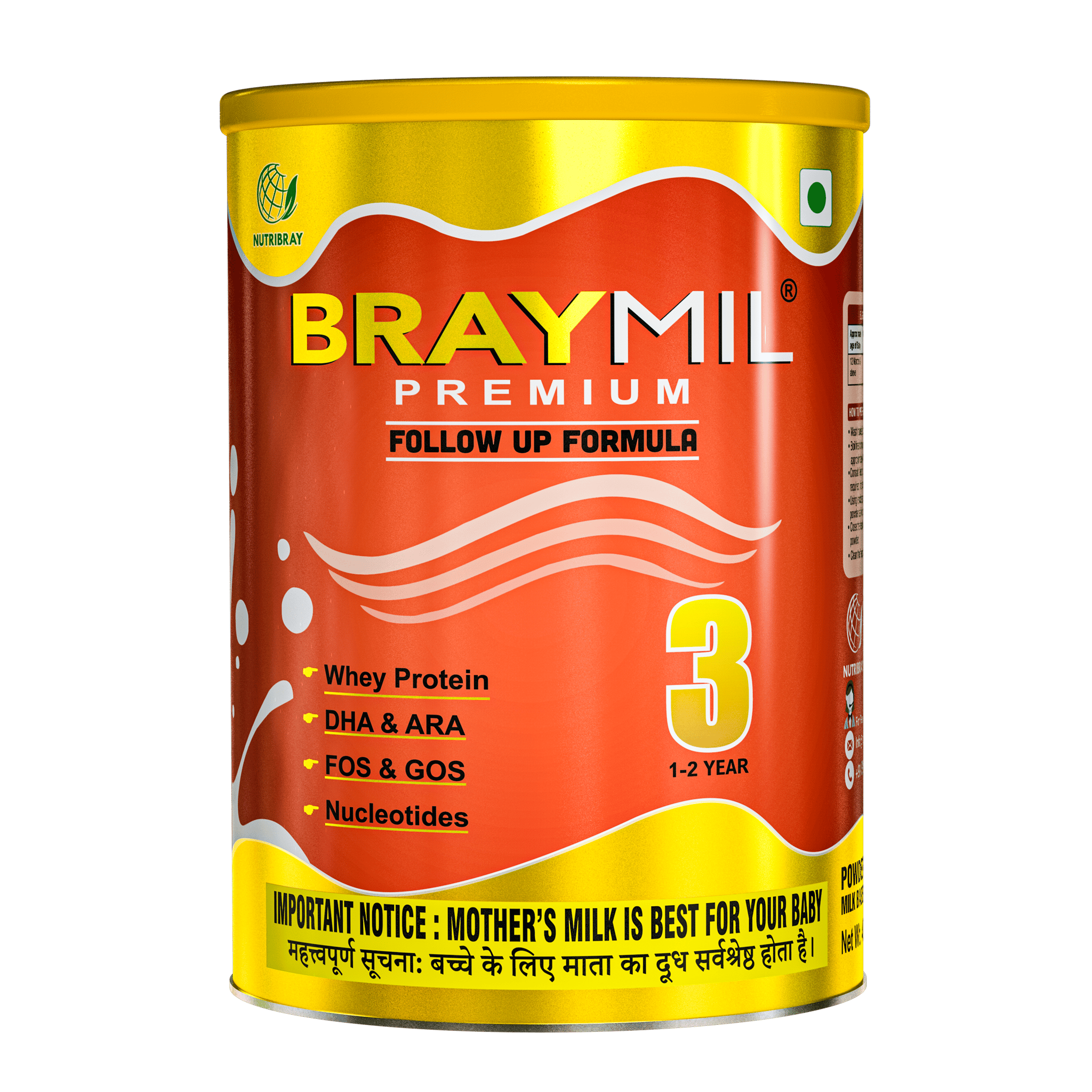 Braymil Premium 3 Follow Up Formula, Stage - 3 for 1-2 Years | 400 gm Tin Pack