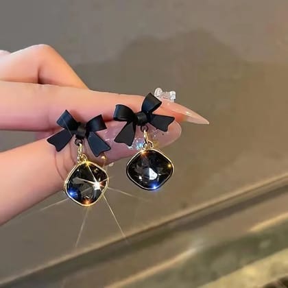 Chic Black Bow & Square Crystal Dangle Earrings for Women Chic Black Bow & Square Crystal Dangle Earrings for Women