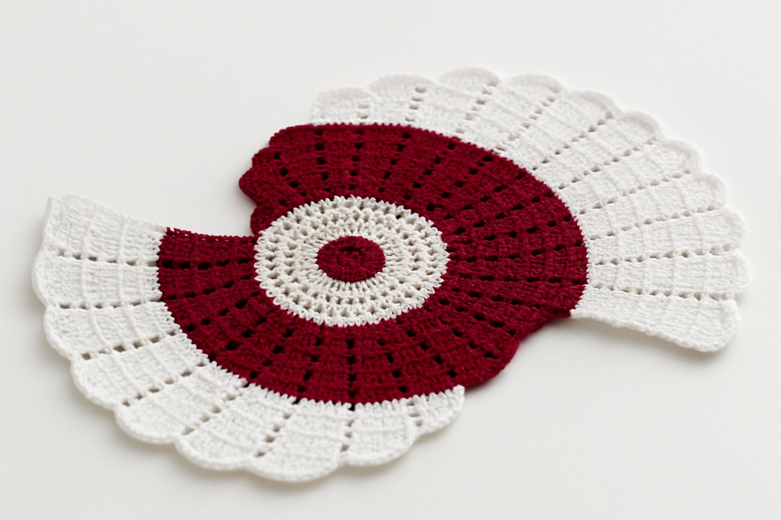 Elegant Crimson-White Crochet Fan Doily