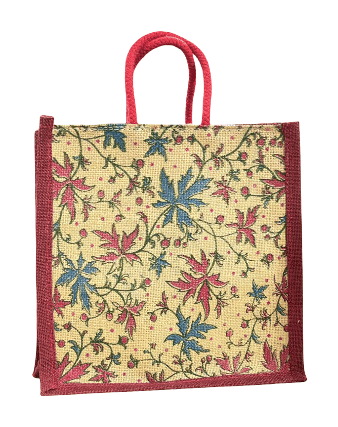 Eco-Friendly Floral Print Jute Bag with Red Handles | Reusable Shopping & Gift Tote (Medium)T